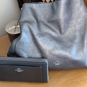 Beautiful Coach gray leather metallic handbag with matching wallet pristine